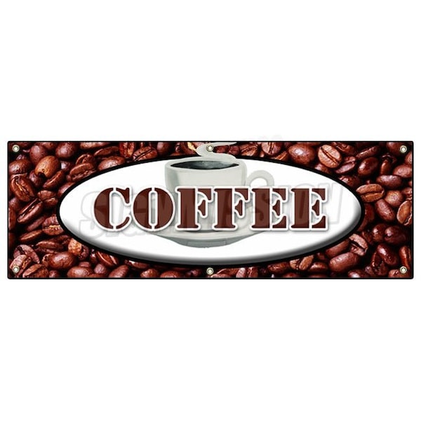 COFFEE BANNER SIGN shop cafe beans hot cappuccino fresh brewed hot iced